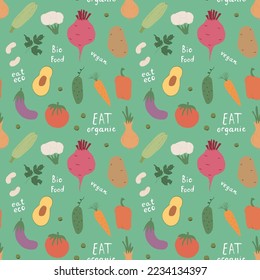 Patrón ininterrumpido de verduras. Vegetariano sano de fondo bioalimentario, productos ecológicos vegan pimienta, tomate, pepino, zanahoria, papa, aguacate, frijol y guisantes. Ilustración vectorial.