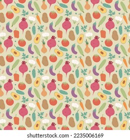 Gemüse nahtloses Muster. Vegetarische gesunde Bio-Lebensmittel-Hintergrund, Veganische ökologische Produkte Pfeffer, Tomate, Gurken, Karotten, Kartoffeln, Avocado, Bohnen und Erbsen. Vektorgrafik.