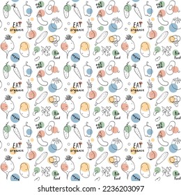 Vegetables seamless pattern. Vegetarian healthy bio food background, Vegan organic eco products pepper, tomato, cucumber, carrot, potato, avocado, beans and peas. Vector illustration.