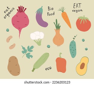 Vegetables seamless pattern. Vegetarian healthy bio food background, Vegan organic eco products pepper, tomato, cucumber, carrot, potato, avocado, beans and peas. Vector illustration.