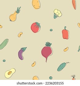 Vegetables seamless pattern. Vegetarian healthy bio food background, Vegan organic eco products pepper, tomato, cucumber, carrot, potato, avocado, beans and peas. Vector illustration.