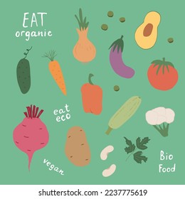 Vegetables seamless pattern. Vegetarian healthy bio food background, Vegan organic eco products pepper, tomato, cucumber, carrot, potato, avocado, beans and peas. Vector illustration.