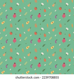 Vegetables seamless pattern. Vegetarian healthy bio food background, Vegan organic eco products pepper, tomato, cucumber, carrot, potato, avocado, beans and peas. Vector illustration.