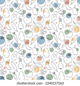 Vegetables seamless pattern. Vegetarian healthy bio food background, Vegan organic eco products pepper, tomato, cucumber, carrot, potato, avocado, beans and peas. Vector illustration.