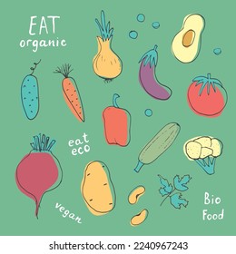 Vegetables seamless pattern. Vegetarian healthy bio food background, Vegan organic eco products pepper, tomato, cucumber, carrot, potato, avocado, beans and peas. Vector illustration.