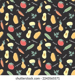 Patrón ininterrumpido de verduras. Vegetariano sano de fondo bioalimentario, productos ecológicos vegan pimienta, tomate, pepino, zanahoria, papa, aguacate, frijol y guisantes. Ilustración vectorial.