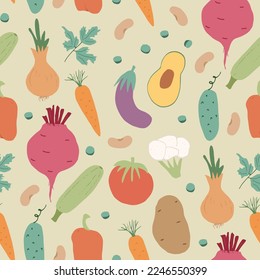 Vegetables seamless pattern. Vegetarian healthy bio food background, Vegan organic eco products pepper, tomato, cucumber, carrot, potato, avocado, beans and peas. Vector illustration.