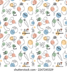 Patrón ininterrumpido de verduras. Vegetariano sano de fondo bioalimentario, productos ecológicos vegan pimienta, tomate, pepino, zanahoria, papa, aguacate, frijol y guisantes. Ilustración vectorial.