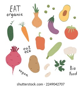 Vegetables seamless pattern. Vegetarian healthy bio food background, Vegan organic eco products pepper, tomato, cucumber, carrot, potato, avocado, beans and peas. Vector illustration.