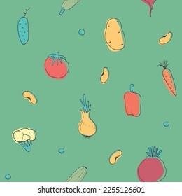 Patrón ininterrumpido de verduras. Vegetariano sano de fondo bioalimentario, productos ecológicos vegan pimienta, tomate, pepino, zanahoria, papa, aguacate, frijol y guisantes. Ilustración vectorial.