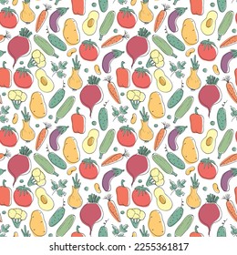 Vegetables seamless pattern. Vegetarian healthy bio food background, Vegan organic eco products pepper, tomato, cucumber, carrot, potato, avocado, beans and peas. Vector illustration.