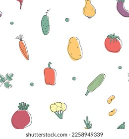 Vegetables seamless pattern. Vegetarian healthy bio food background, Vegan organic eco products pepper, tomato, cucumber, carrot, potato, avocado, beans and peas. Vector illustration.