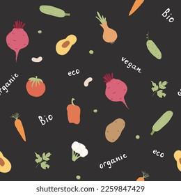 Vegetables seamless pattern. Vegetarian healthy bio food background, Vegan organic eco products pepper, tomato, cucumber, carrot, potato, avocado, beans and peas. Vector illustration.