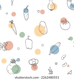 Vegetables seamless pattern. Vegetarian healthy bio food background, Vegan organic eco products pepper, tomato, cucumber, carrot, potato, avocado, beans and peas. Vector illustration.