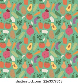 Patrón ininterrumpido de verduras. Vegetariano sano de fondo bioalimentario, productos ecológicos vegan pimienta, tomate, pepino, zanahoria, papa, aguacate, frijol y guisantes. Ilustración vectorial.