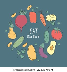 Vegetables seamless pattern. Vegetarian healthy bio food background, Vegan organic eco products pepper, tomato, cucumber, carrot, potato, avocado, beans and peas. Vector illustration.