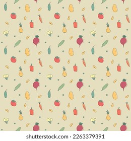 Vegetables seamless pattern. Vegetarian healthy bio food background, Vegan organic eco products pepper, tomato, cucumber, carrot, potato, avocado, beans and peas. Vector illustration.