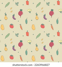 Gemüse nahtloses Muster. Vegetarische gesunde Bio-Lebensmittel-Hintergrund, Veganische ökologische Produkte Pfeffer, Tomate, Gurken, Karotten, Kartoffeln, Avocado, Bohnen und Erbsen. Vektorgrafik.