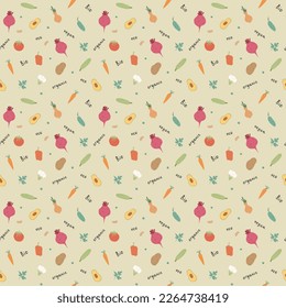 Vegetables seamless pattern. Vegetarian healthy bio food background, Vegan organic eco products pepper, tomato, cucumber, carrot, potato, avocado, beans and peas. Vector illustration.