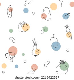 Vegetables seamless pattern. Vegetarian healthy bio food background, Vegan organic eco products pepper, tomato, cucumber, carrot, potato, avocado, beans and peas. Vector illustration.