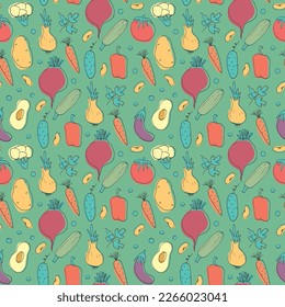 Vegetables seamless pattern. Vegetarian healthy bio food background, Vegan organic eco products pepper, tomato, cucumber, carrot, potato, avocado, beans and peas. Vector illustration.