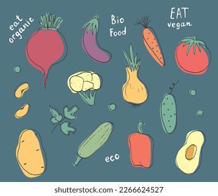 Vegetables seamless pattern. Vegetarian healthy bio food background, Vegan organic eco products pepper, tomato, cucumber, carrot, potato, avocado, beans and peas. Vector illustration.