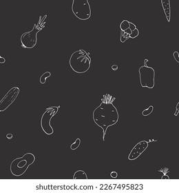 Vegetables seamless pattern. Vegetarian healthy bio food background, Vegan organic eco products pepper, tomato, cucumber, carrot, potato, avocado, beans and peas. Vector illustration.