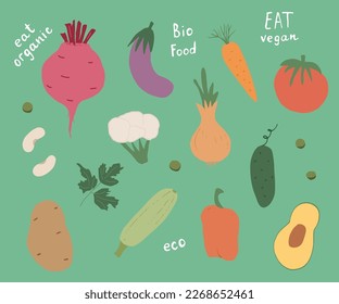 Vegetables seamless pattern. Vegetarian healthy bio food background, Vegan organic eco products pepper, tomato, cucumber, carrot, potato, avocado, beans and peas. Vector illustration.