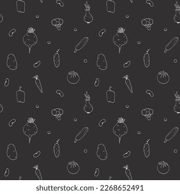 Vegetables seamless pattern. Vegetarian healthy bio food background, Vegan organic eco products pepper, tomato, cucumber, carrot, potato, avocado, beans and peas. Vector illustration.