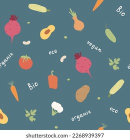Vegetables seamless pattern. Vegetarian healthy bio food background, Vegan organic eco products pepper, tomato, cucumber, carrot, potato, avocado, beans and peas. Vector illustration.