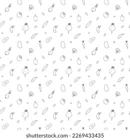 Vegetables seamless pattern. Vegetarian healthy bio food background, Vegan organic eco products pepper, tomato, cucumber, carrot, potato, avocado, beans and peas. Vector illustration.