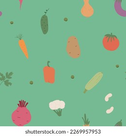Vegetables seamless pattern. Vegetarian healthy bio food background, Vegan organic eco products pepper, tomato, cucumber, carrot, potato, avocado, beans and peas. Vector illustration.