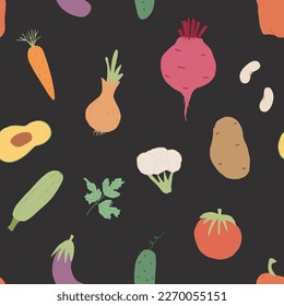 Vegetables seamless pattern. Vegetarian healthy bio food background, Vegan organic eco products pepper, tomato, cucumber, carrot, potato, avocado, beans and peas. Vector illustration.