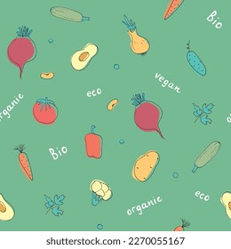 Vegetables seamless pattern. Vegetarian healthy bio food background, Vegan organic eco products pepper, tomato, cucumber, carrot, potato, avocado, beans and peas. Vector illustration.