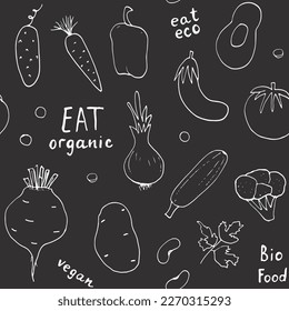 Vegetables seamless pattern. Vegetarian healthy bio food background, Vegan organic eco products pepper, tomato, cucumber, carrot, potato, avocado, beans and peas. Vector illustration.