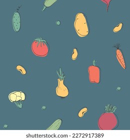 Vegetables seamless pattern. Vegetarian healthy bio food background, Vegan organic eco products pepper, tomato, cucumber, carrot, potato, avocado, beans and peas. Vector illustration.