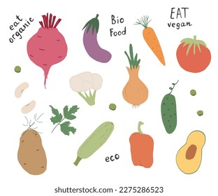 Vegetables seamless pattern. Vegetarian healthy bio food background, Vegan organic eco products pepper, tomato, cucumber, carrot, potato, avocado, beans and peas. Vector illustration.