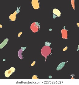 Vegetables seamless pattern. Vegetarian healthy bio food background, Vegan organic eco products pepper, tomato, cucumber, carrot, potato, avocado, beans and peas. Vector illustration.