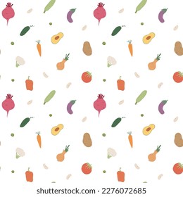 Vegetables seamless pattern. Vegetarian healthy bio food background, Vegan organic eco products pepper, tomato, cucumber, carrot, potato, avocado, beans and peas. Vector illustration.