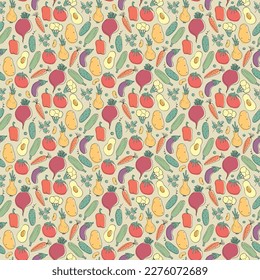 Vegetables seamless pattern. Vegetarian healthy bio food background, Vegan organic eco products pepper, tomato, cucumber, carrot, potato, avocado, beans and peas. Vector illustration.