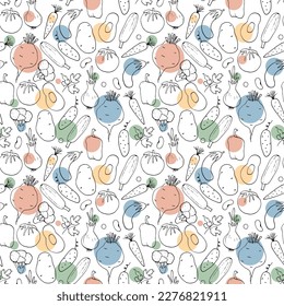 Patrón ininterrumpido de verduras. Vegetariano sano de fondo bioalimentario, productos ecológicos vegan pimienta, tomate, pepino, zanahoria, papa, aguacate, frijol y guisantes. Ilustración vectorial.