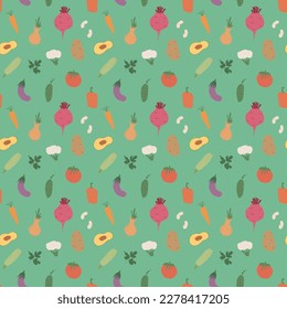 Vegetables seamless pattern. Vegetarian healthy bio food background, Vegan organic eco products pepper, tomato, cucumber, carrot, potato, avocado, beans and peas. Vector illustration.