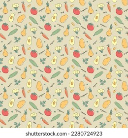 Gemüse nahtloses Muster. Vegetarische gesunde Bio-Lebensmittel-Hintergrund, Veganische ökologische Produkte Pfeffer, Tomate, Gurken, Karotten, Kartoffeln, Avocado, Bohnen und Erbsen. Vektorgrafik.