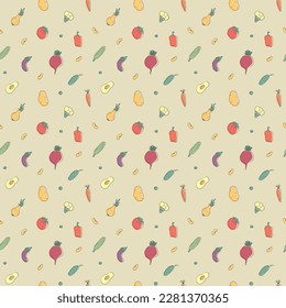 Patrón ininterrumpido de verduras. Vegetariano sano de fondo bioalimentario, productos ecológicos vegan pimienta, tomate, pepino, zanahoria, papa, aguacate, frijol y guisantes. Ilustración vectorial.