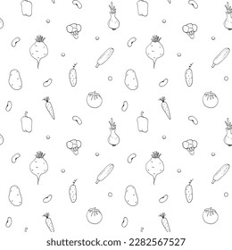 Vegetables seamless pattern. Vegetarian healthy bio food background, Vegan organic eco products pepper, tomato, cucumber, carrot, potato, avocado, beans and peas. Vector illustration.