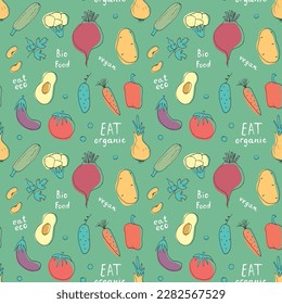 Vegetables seamless pattern. Vegetarian healthy bio food background, Vegan organic eco products pepper, tomato, cucumber, carrot, potato, avocado, beans and peas. Vector illustration.