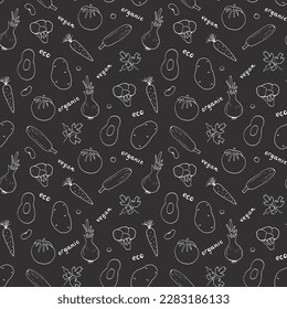 Vegetables seamless pattern. Vegetarian healthy bio food background, Vegan organic eco products pepper, tomato, cucumber, carrot, potato, avocado, beans and peas. Vector illustration.