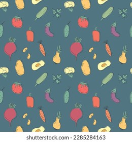 Vegetables seamless pattern. Vegetarian healthy bio food background, Vegan organic eco products pepper, tomato, cucumber, carrot, potato, avocado, beans and peas. Vector illustration.