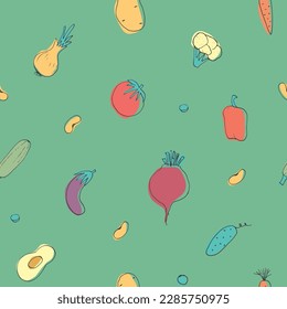 Vegetables seamless pattern. Vegetarian healthy bio food background, Vegan organic eco products pepper, tomato, cucumber, carrot, potato, avocado, beans and peas. Vector illustration.