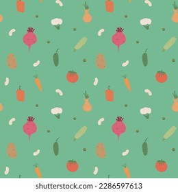 Vegetables seamless pattern. Vegetarian healthy bio food background, Vegan organic eco products pepper, tomato, cucumber, carrot, potato, avocado, beans and peas. Vector illustration.